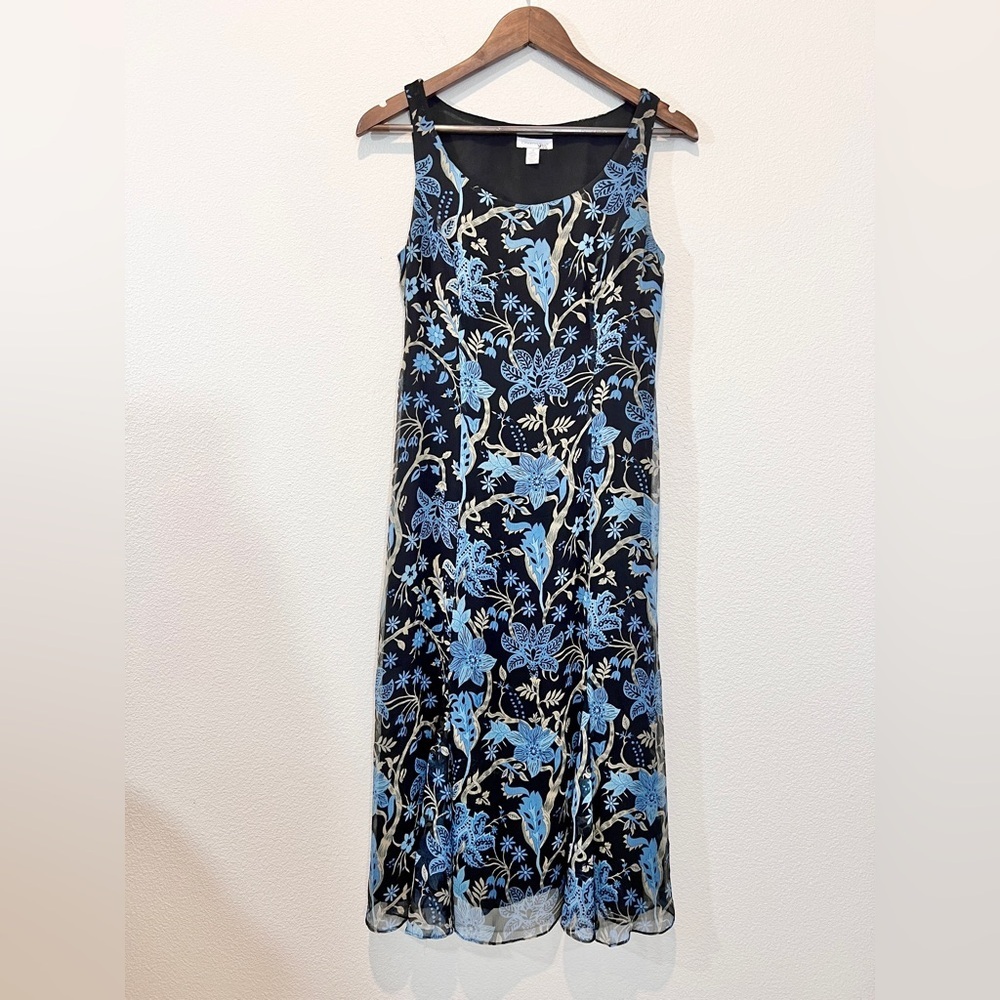 100% Silk Floral Midi Dress Black Blue Sheer Overlay Size 4